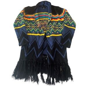 IRIS Los Angeles Vibrant Fringe Long Cardigan Sweater Women’s Med 100% Acrylic